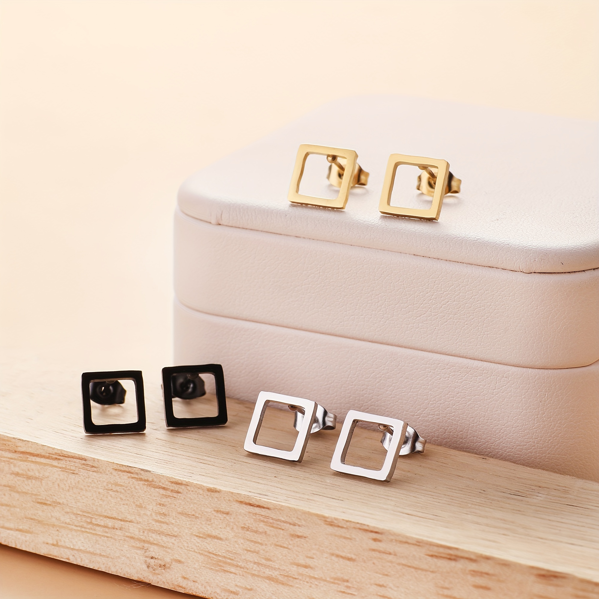 Square Stud Earrings Set Stainless Steel Hypoallergenic for Women
